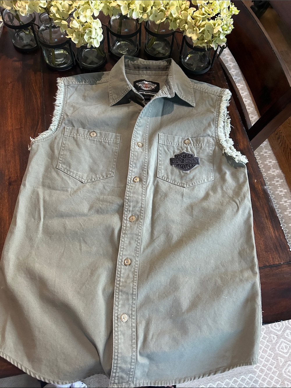 Harley-Davidson Woman’s Olive Green Sleeveless Button-Down Shirt with Patch